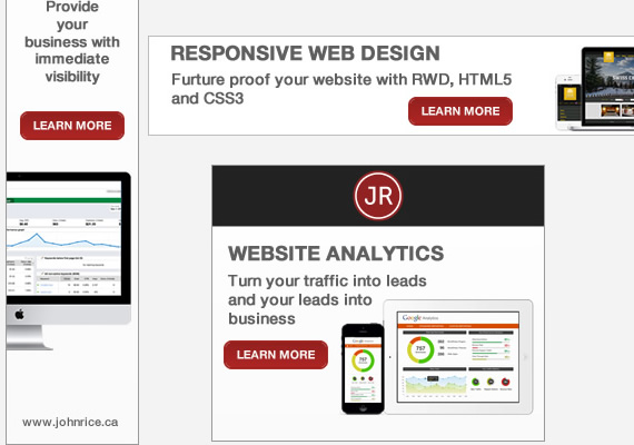 Some banner ads I created for a Google AdWords campaign. A leaderboard, skyscraper and square banner ads are displayed.